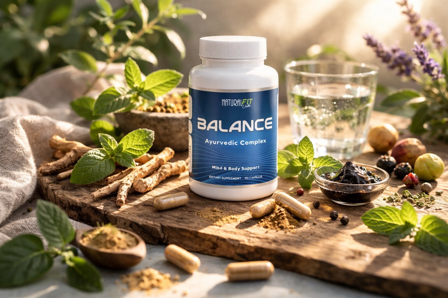 Balance Ayurvedic supplement bottle with fresh herbs and botanicals arranged on wooden board