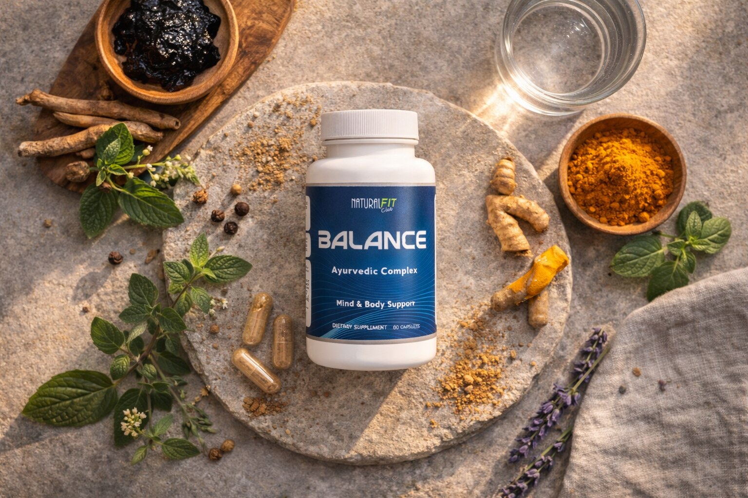 Balance Ayurvedic supplement bottle surrounded by natural herbal ingredients on stone surface